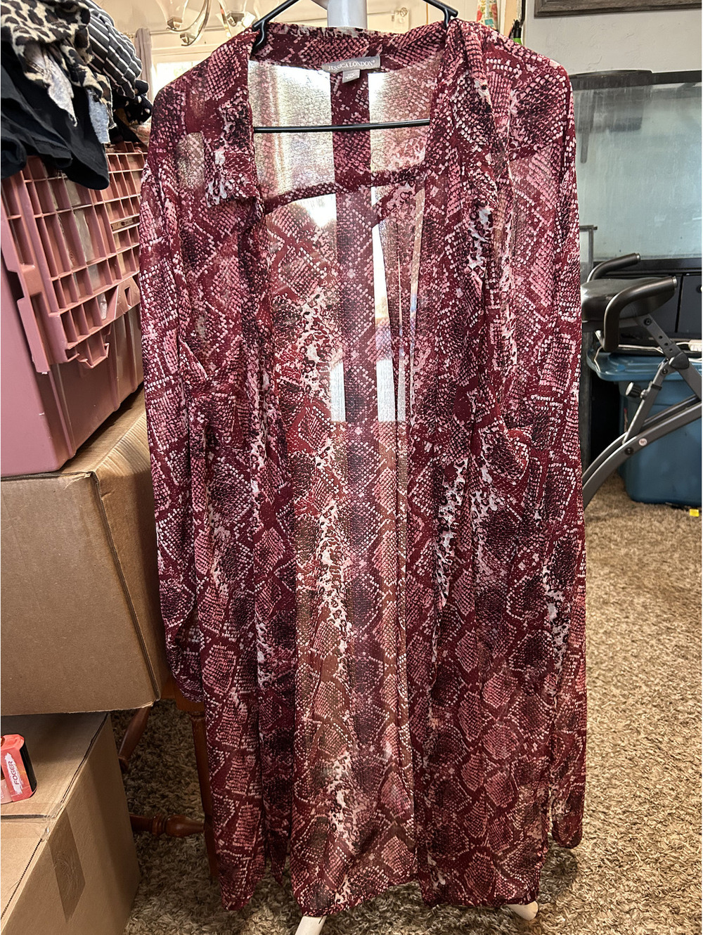 Jessica London Burgundy Snake Print Sheer Duster Cardigan, Size 32W